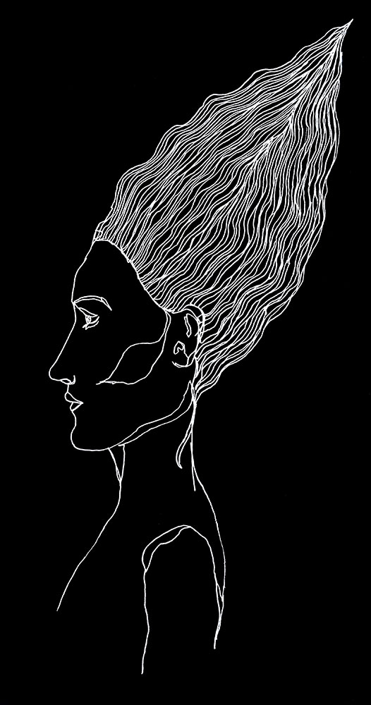 Dibujo del perfil de la cabeza de un hada, línea blanca sobre fondo negro.