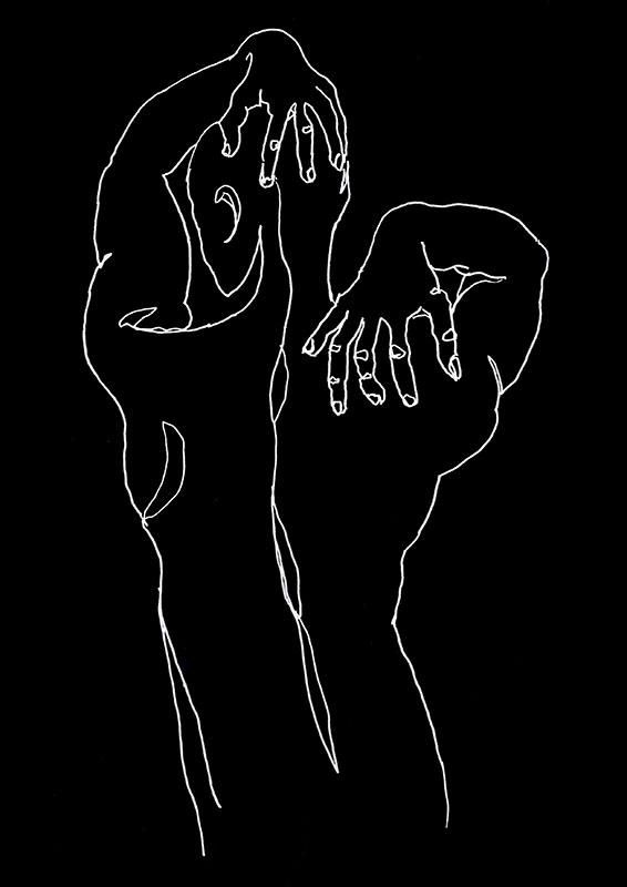 Dibujo de un hombre de espaldas, con una mano sobre su cabeza y otra sobre su hombro. Línea blanca sobre fondo negro.