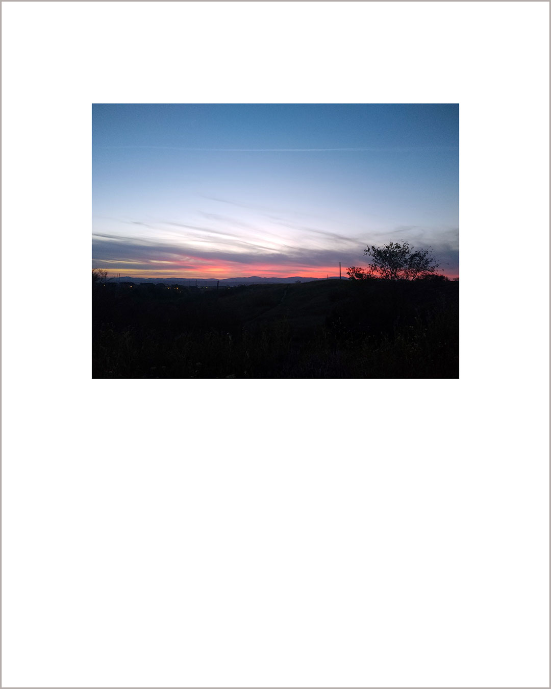 Fotografía horizontal de un atardecer, en el suelo negro destacan la silueta de un arbol, el horizonte es rosa y el cielo azul.
