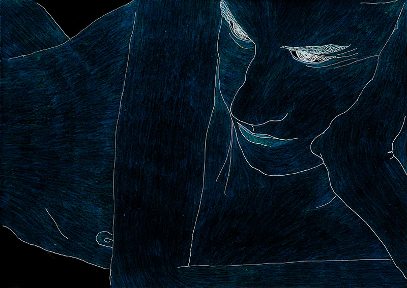 Dibujo de un muchacho tumbado, con la cabeza apoyada en su mano. Línea blanca sobre fondo azul oscuro y negro.