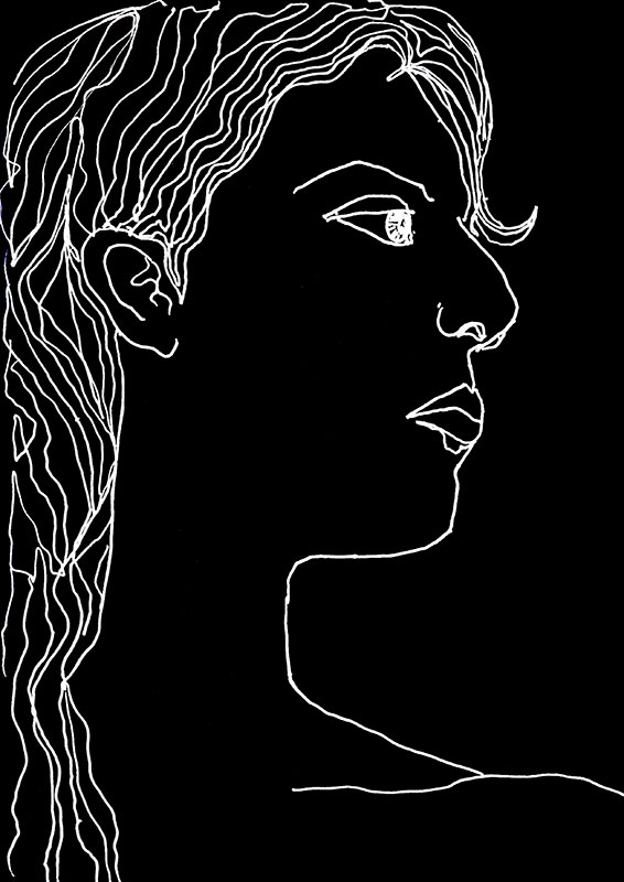 Dibujo del rostro de perfil de una Nereida, con línea blanca sobre fondo negro.