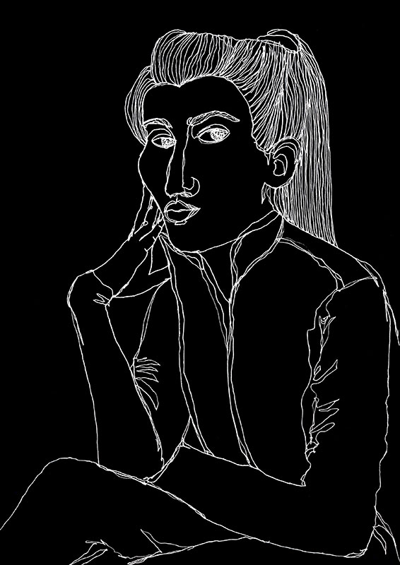 Dibujo de una chica con coleta, en línea blanca sobre fondo negro.