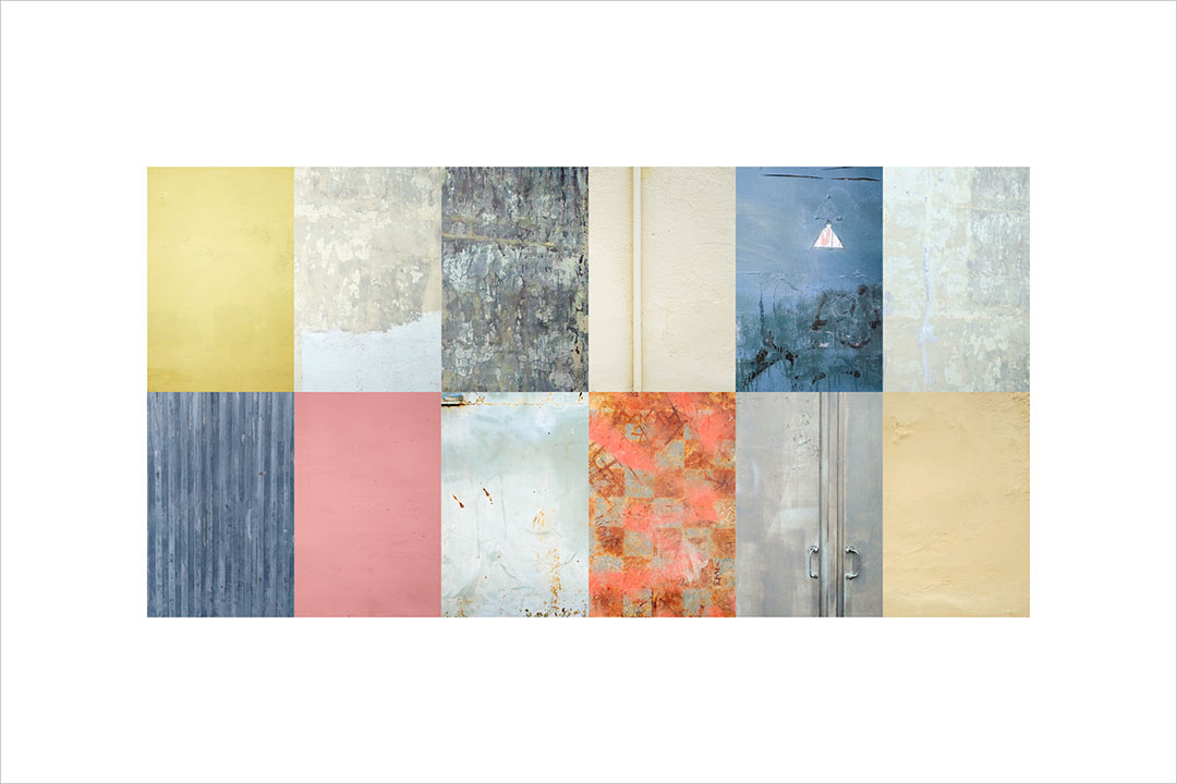 Collage con texturas fotográficas, composición en forma rectangular, tonos pastel, rosas, amarillos, grises y azules.