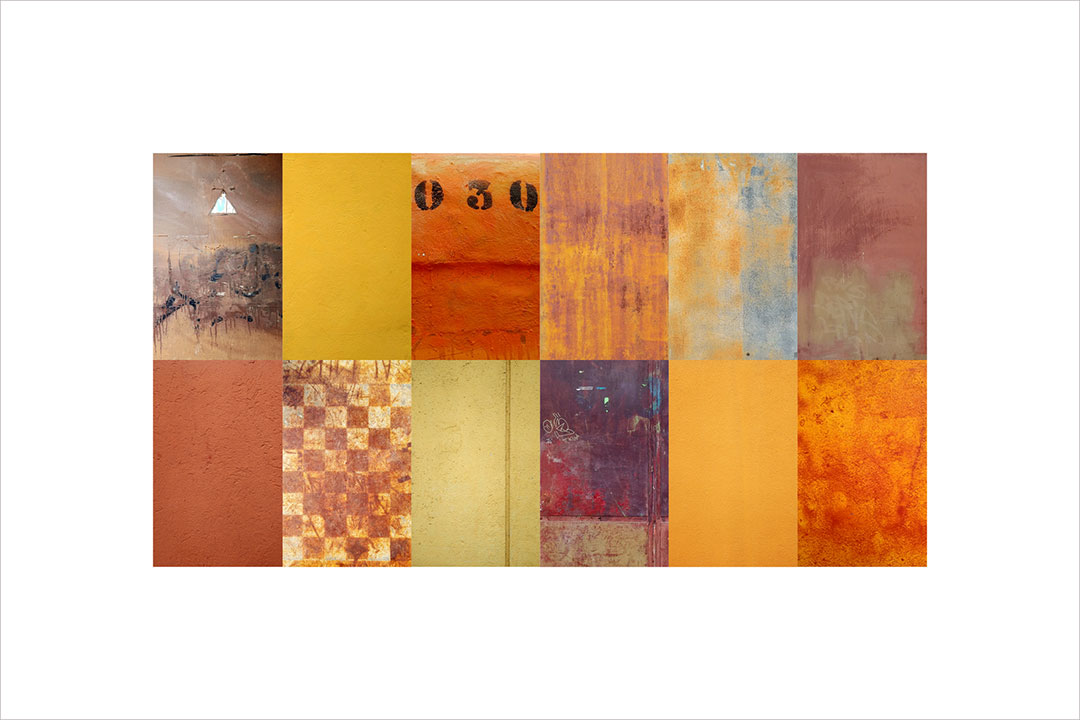 Collage con texturas fotográficas, composición en forma rectangular, tonos óxido, naranjas y rojizos.