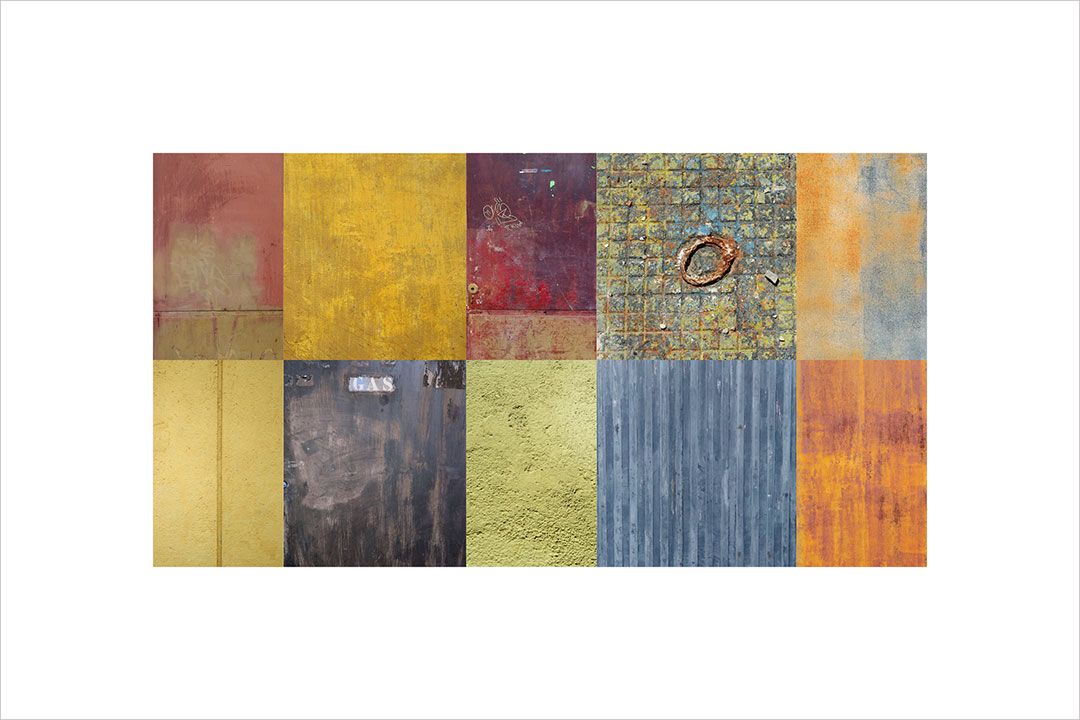 Collage con texturas fotográficas, composición en forma rectangular, tonos óxido, verdes y grises.