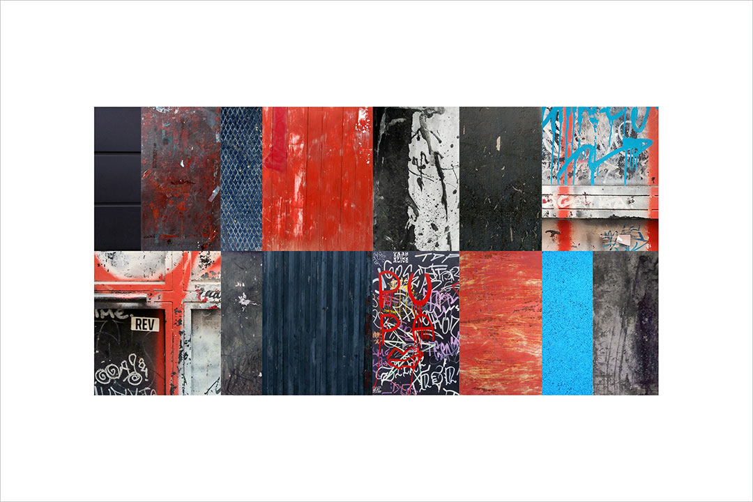 Collage con texturas fotográficas, composición en forma rectangular, colores negros, rojos, azules y blancos.
