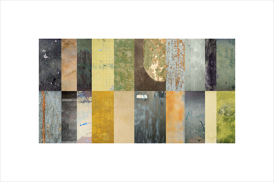 Collage con texturas fotográficas, composición en forma rectangular, tonos ocres, verdes, amarillos y negros.