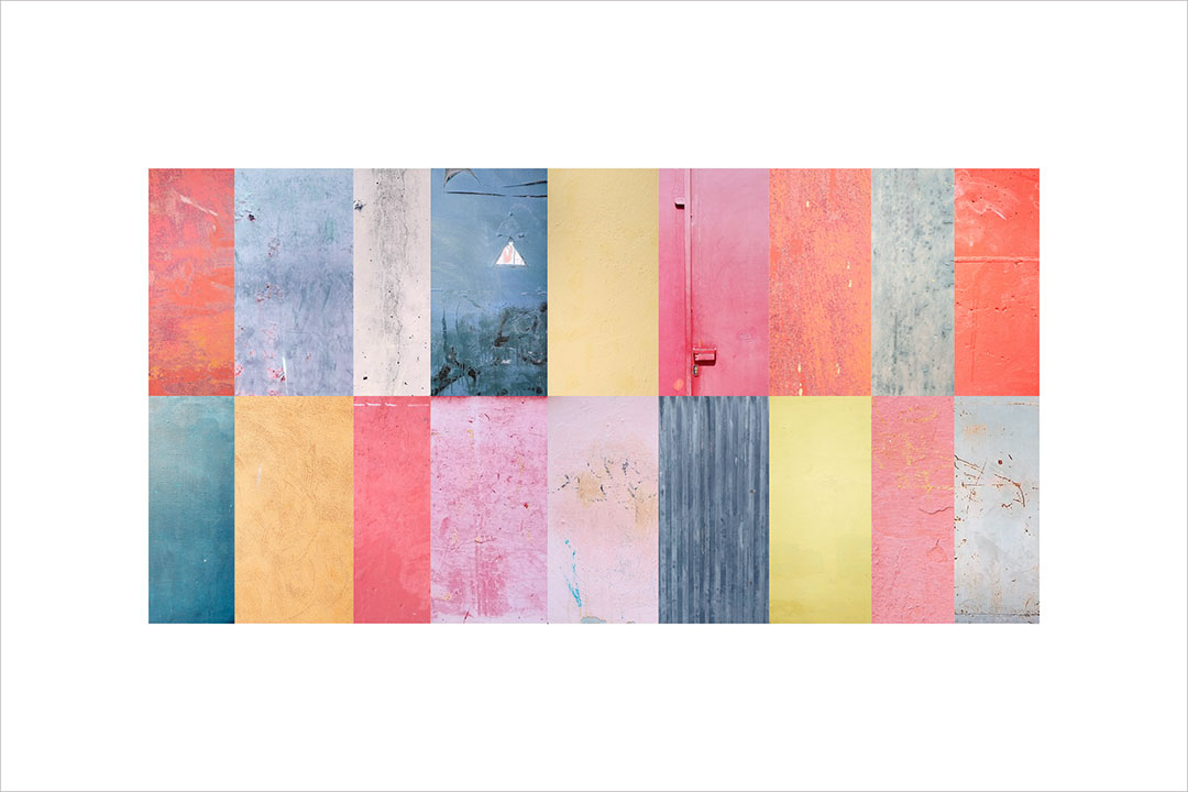 Collage con texturas fotográficas, composición en forma rectangular, tonos rosas, azules y amarillos.