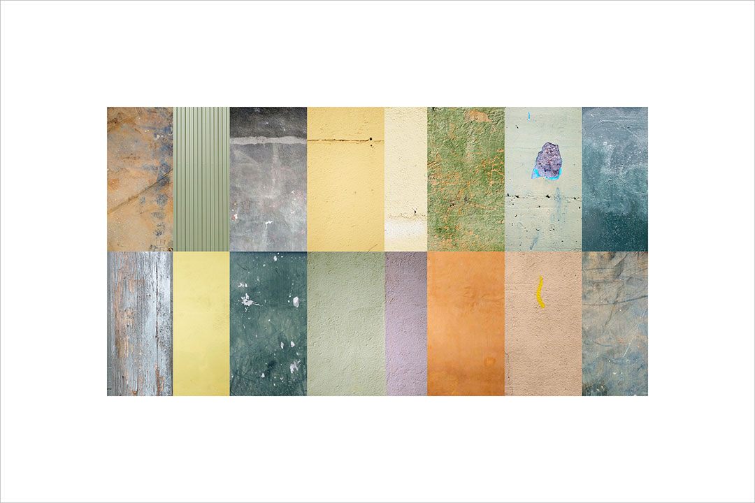 Collage con texturas fotográficas, composición en forma rectangular, tonos pastel, verdes, amarillos y lilas.