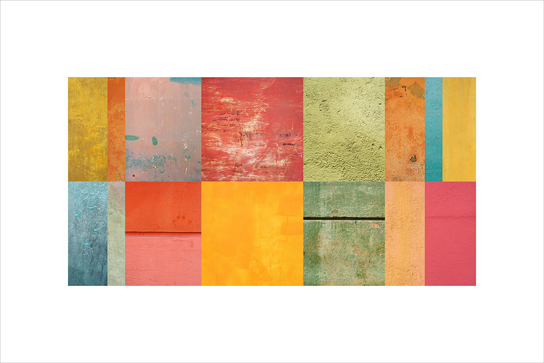 Collage con texturas fotográficas, composición en forma rectangular, multicolor.