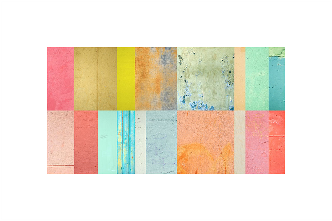 Collage con texturas fotográficas, composición en forma rectangular, multicolor.