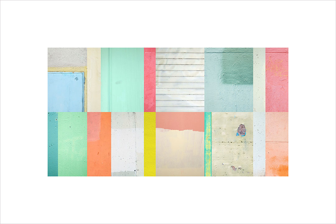 Collage con texturas fotográficas, composición en forma rectangular, tonos verdes, naranjas, amarillos y rosas.