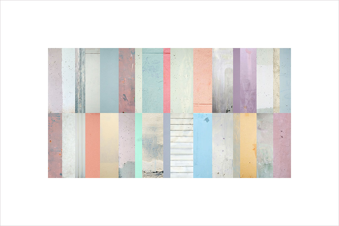 Collage con texturas fotográficas, composición en forma rectangular, tonos pastel.