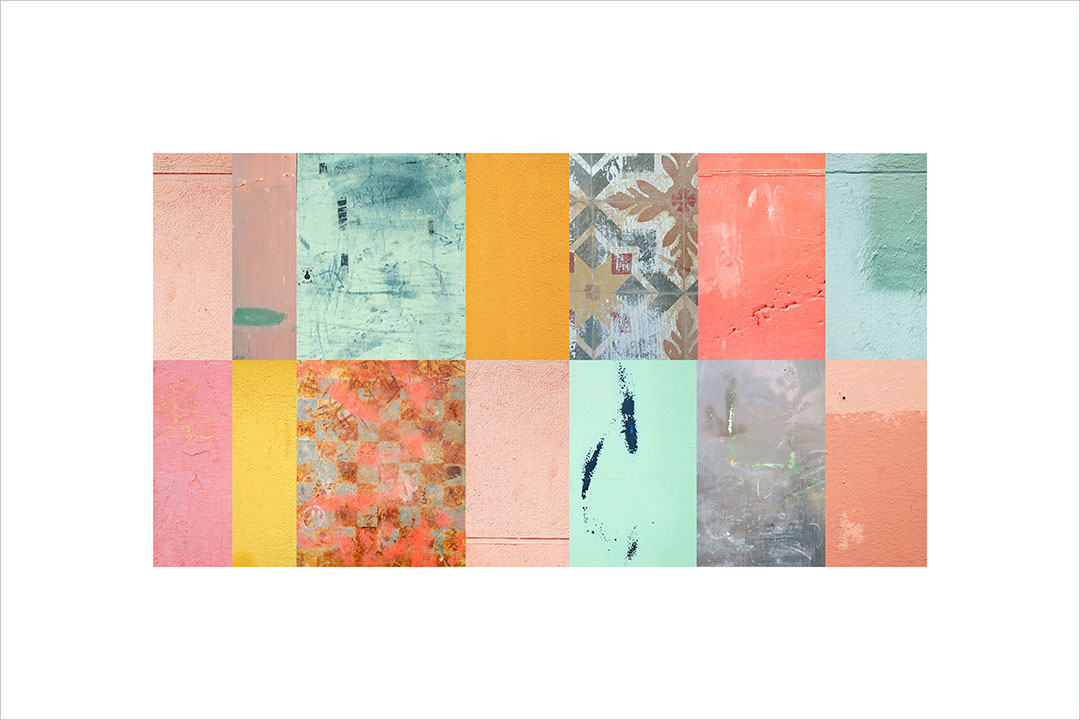 Collage con texturas fotográficas, composición en forma rectangular, verdes, naranjas, amarillos y rosas.
