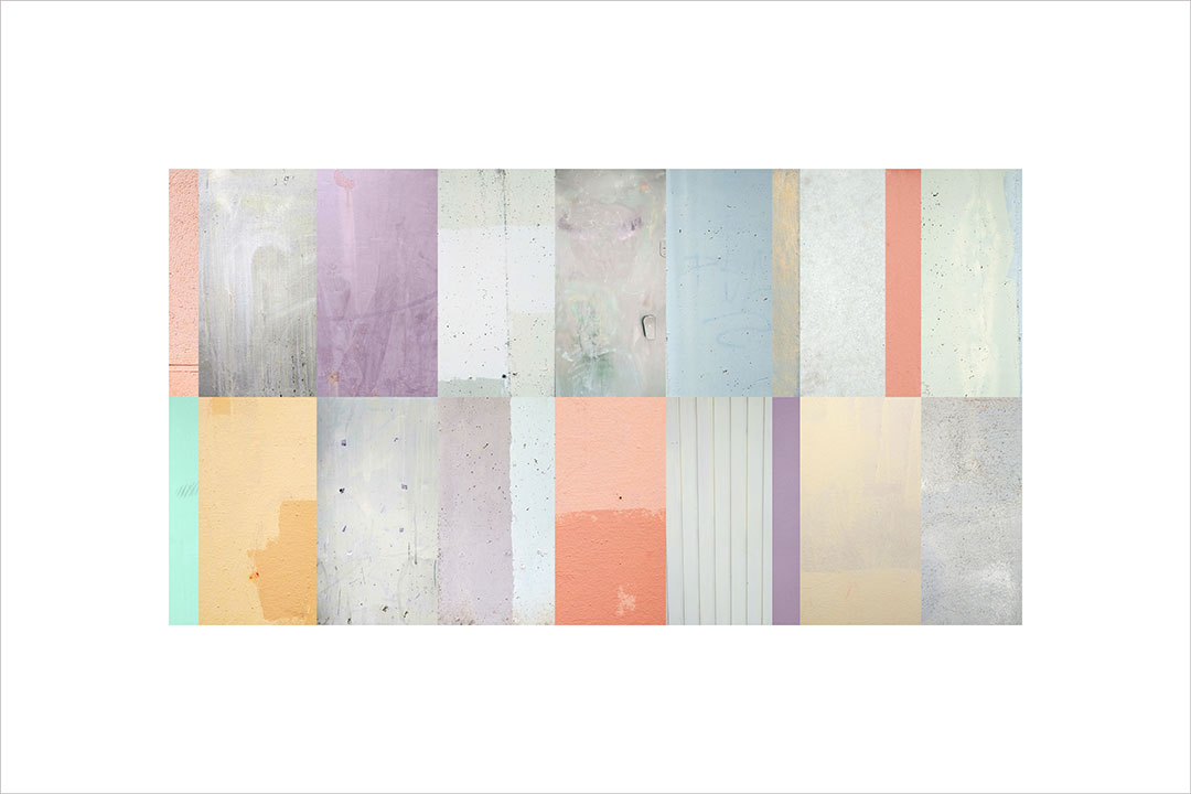 Collage con texturas fotográficas, composición en forma rectangular, tonos pastel.