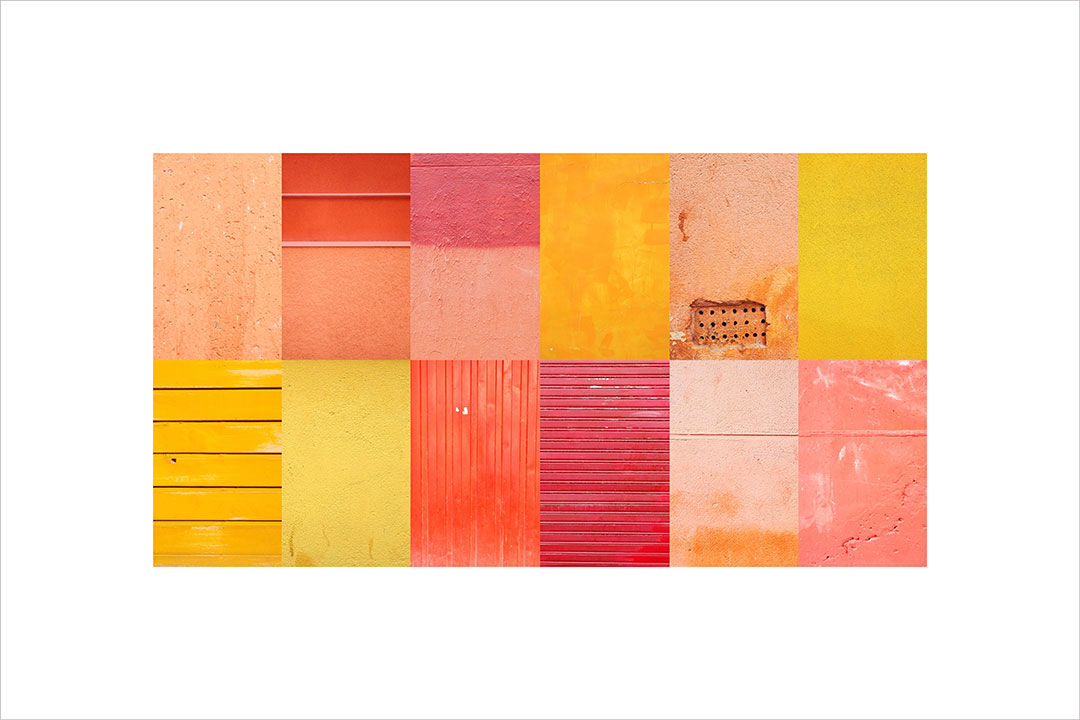 Collage con texturas fotográficas, composición en forma rectangular, tonos fuertes, naranjas, amarillos y rojos.