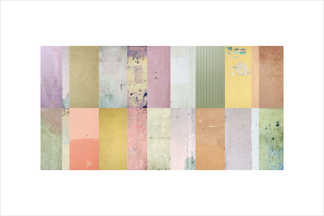 Collage con texturas fotográficas, composición en forma rectangular, tonos suaves, verdes, amarillos y rosas.