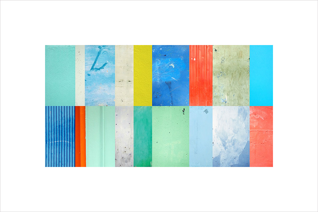 Collage con texturas fotográficas, composición en forma rectangular, azules, verdes y rojos.