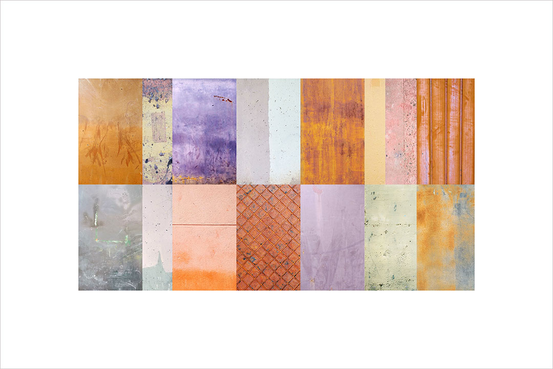 Collage con texturas fotográficas, composición en forma rectangular, tonos óxido, violetas y grises.