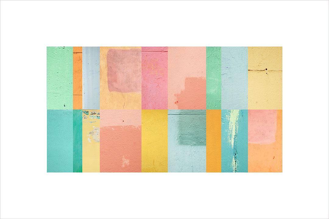 Collage con texturas fotográficas, composición en forma rectangular, verdes, naranjas, amarillos y rosas.