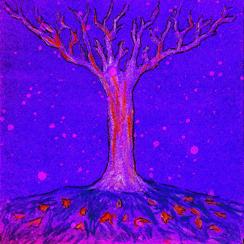 Dibujo de un árbol con las hojas caídas en el suelo, colores azules, morados y magentas.