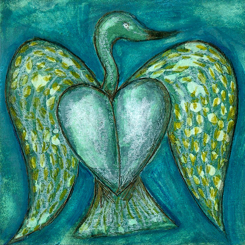 Dibujo de un cisne cuyo pecho tiene la forma de un corazón. Colores verdes y azules.