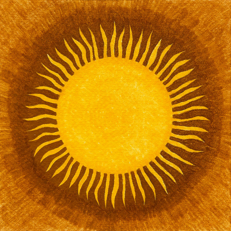 Dibujo de un sol amarillo sobre fondo marrón.